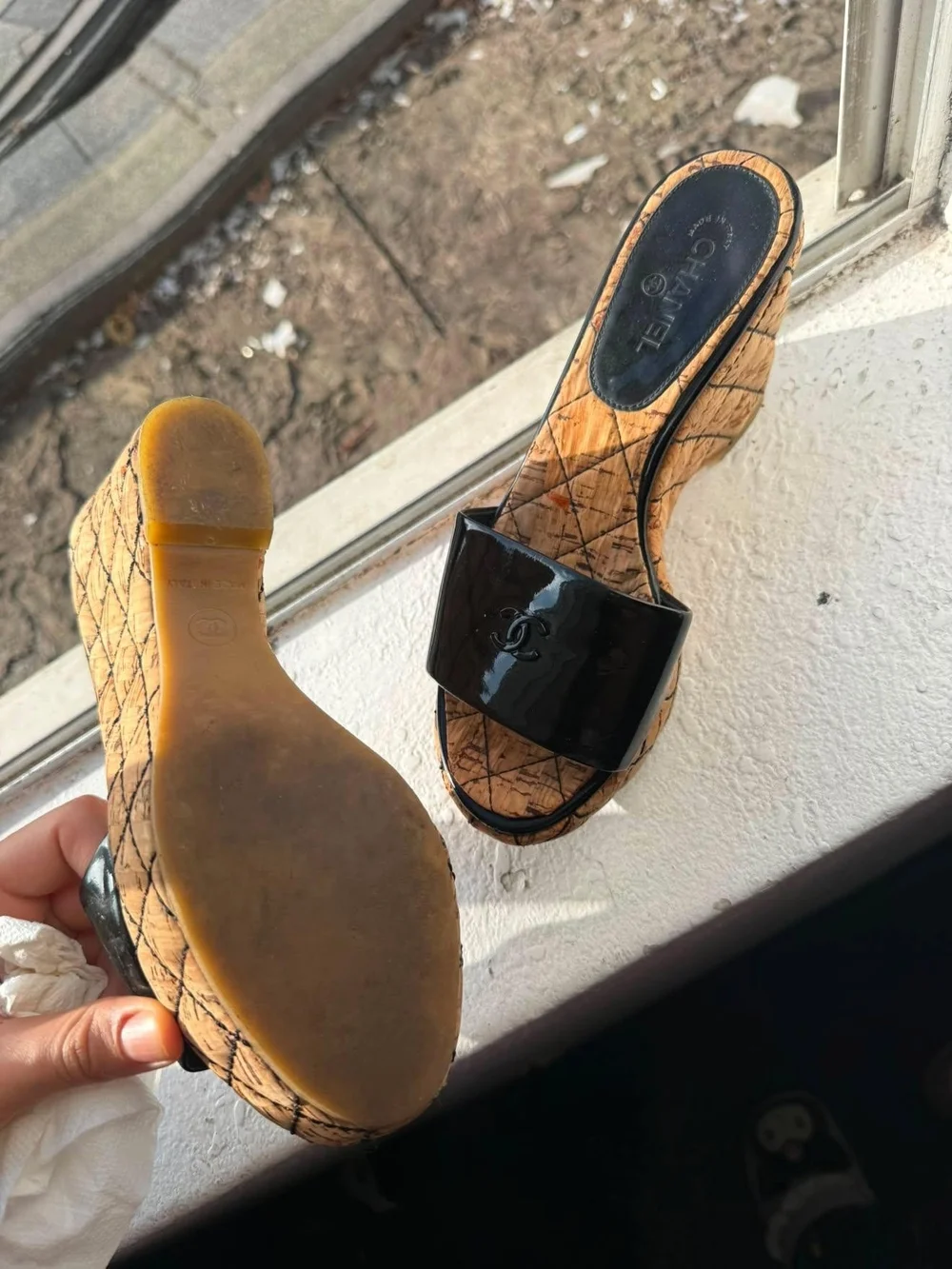 CHANEL Black Patent Cork Platform Slide Mules
